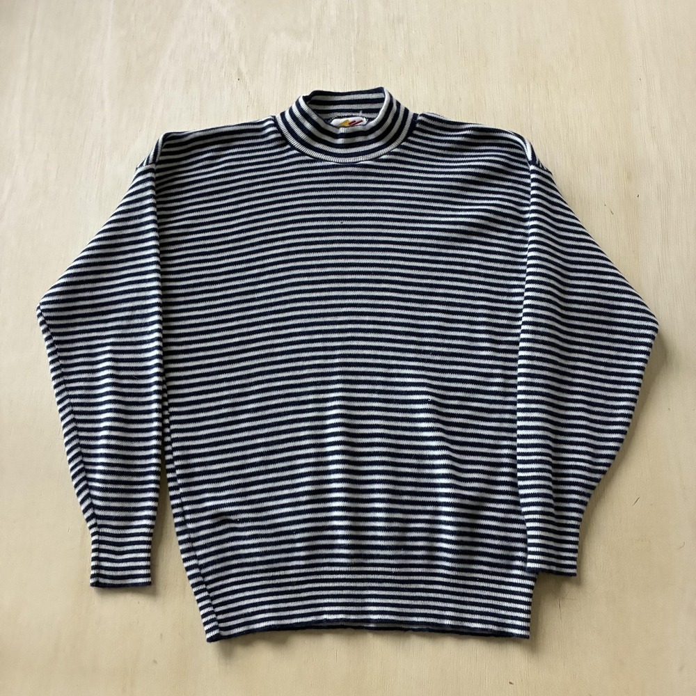 Vintage Poplar Sweater Mens Medium Blue Striped Mock Neck Tight Knit Pullover
